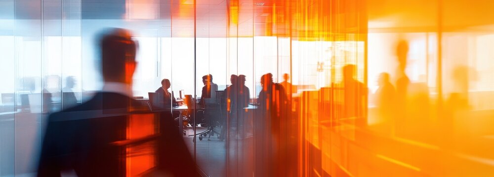 Business team in an office meeting, with blurred figures of people working together on digital marketing and business development, captured through the glass window.