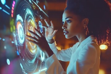 African American IT Professional Analyzes Futuristic Holographic Cybersecurity Data Visualizations