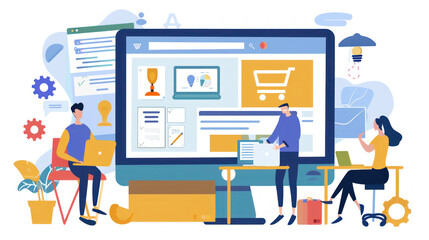 A group of entrepreneurs working on their e-commerce startup in a co-working space, developing a business plan, and setting up their online store.