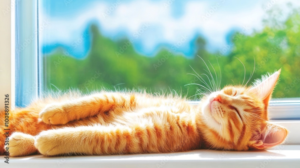 Poster A peaceful orange cat sleeping by a sunny window with a blurred green landscape outside.