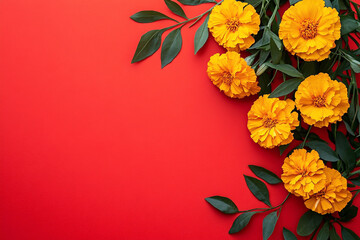 Obraz premium Marigolds on a red background.Day of the dead, Mexican holiday celebration. Hindu Puja. Festival Vishu, Ugadi or Gudi Padwa. Traditional Indian background with copy space