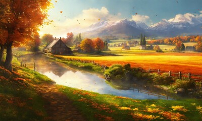 Landscape drawing, nature illustration, AI generated art 