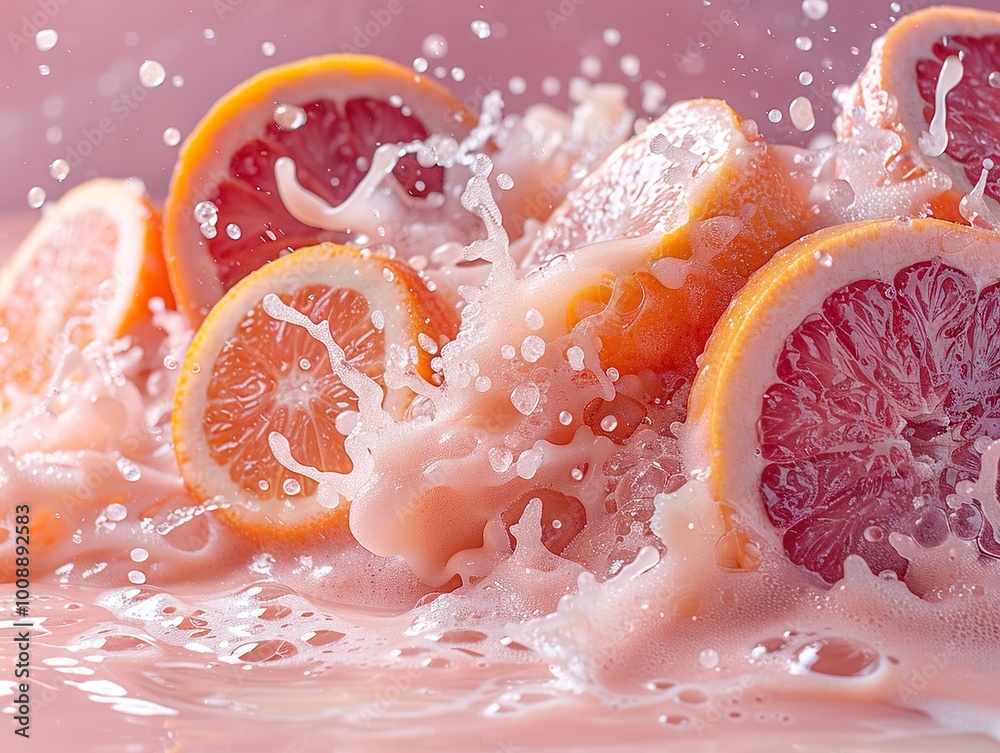 Canvas Prints Fresh Grapefruit and Orange Splashing in Pink Juice