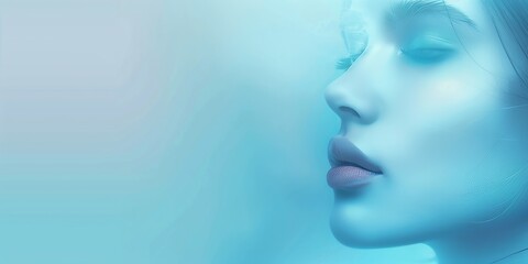 Abstract background with a girl's face and light blue gradient, soft and smooth texture, minimalistic design.