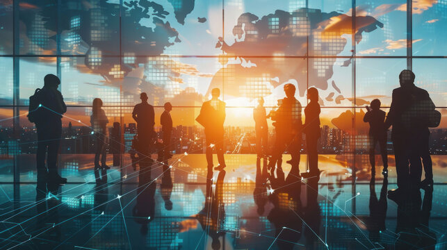 A group of global business leaders in a high-tech office, discussing the next steps for expanding their company into international markets.