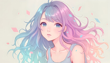 Thoughtful girl with pastel-colored hair and soft flowing strands against a muted background