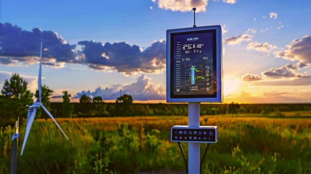 A weather station displays data against a scenic sunset backdrop in a field.