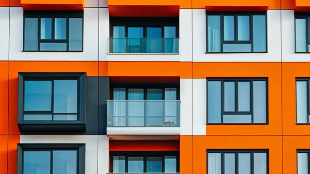 A modern apartment building with orange and white walls and large windows