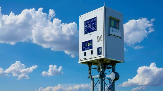 A weather monitoring station on a metal tower against a blue sky with clouds.
