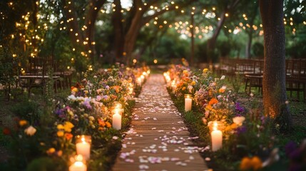 Enchanting Garden Path Adorned with Twinkling Lights and Blooming Flowers