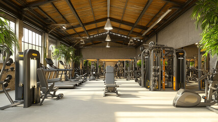 Modern gym interior featuring exercise machines and a spacious layout in a bright environment