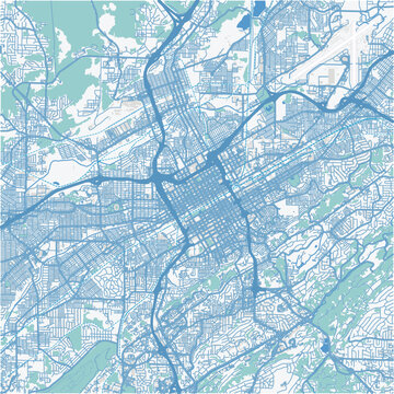 Map of Birmingham in Alabama in a professional blue style. Contains layered vector with roads water, parks, etc.