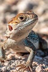 Obraz premium A close-up of a colorful lizard on a rocky surface, showcasing its vibrant scales.