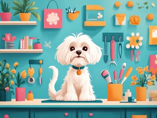 A white Maltese dog sits on a counter in a colorful room with many items on the walls and shelves.