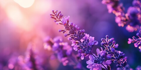 Bright lavender blossoms beautifully illuminated by warm sunlight creating a soft focus floral dreamscape.