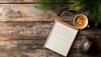 Flat lay composition with notebook, coffee cup and greenery on rustic wooden background