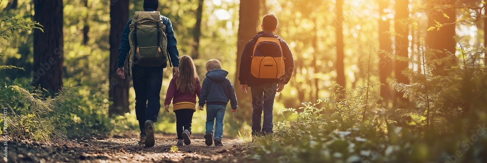 Wall mural a family of four, parents and two children, enjoying a leisurely hike along a sun-dappled forest tra