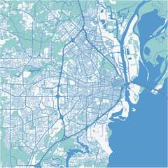 Map of Mobile in Alabama in a professional blue style. Contains layered vector with roads water, parks, etc.