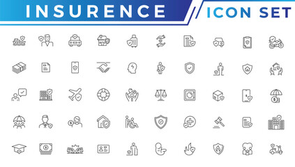Insurance icons as insurance cover, home injury, accidental insurance. Insurance thin line icons set