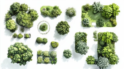 Detailed garden layout with various types of greenery and flowers on a white background.