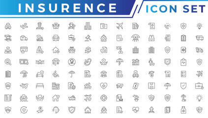 Insurance icons as insurance cover, home injury, accidental insurance. Insurance thin line icons set