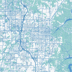 Map of Rogers in Arkansas in a professional blue style. Contains layered vector with roads water, parks, etc.