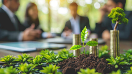 A group of investors discussing green investment strategies, focusing on long-term environmental and financial sustainability.