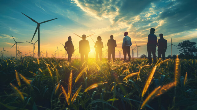 A group of investors discussing the potential for sustainable growth through investments in clean energy and ethical companies.