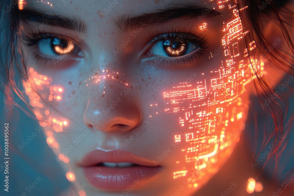 Wall mural futuristic portrait of a girl representing artificial intelligence showcasing luminous circuits and 