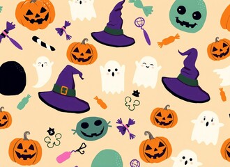 Naklejka premium Illustration of Halloween items scattered on a light orange background