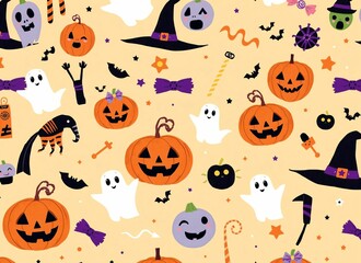 Illustration of Halloween items scattered on a light orange background