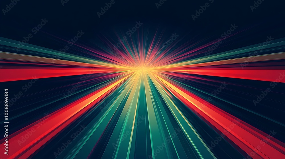 Poster abstract background with radiating lines of red, orange, yellow, and green light on a dark backgroun