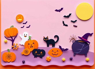 Fun Halloween Scene with Pumpkins, Ghosts, and Black Cat - Autumn Paper Craft Illustration