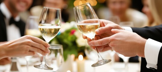 Celebrating with Elegance A Close-Up of Wine Glasses Toasting at a Joyful Social Gathering