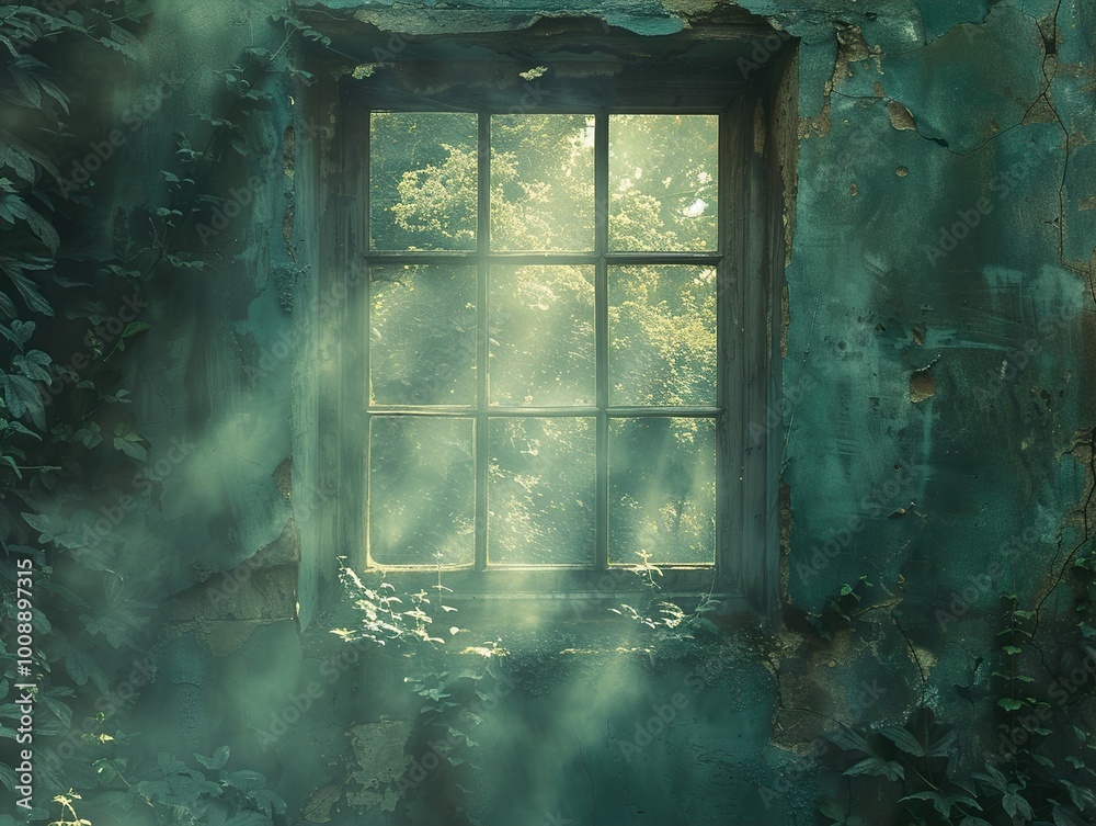 Poster Sunbeams Through an Old Window in a Lush Forest