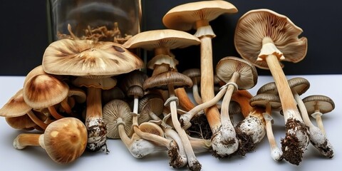 Dried mushrooms with relaxing properties, therapeutic potential for alternative medicine. Organic ingredients in medical laboratory setting. Experts in fungal cultivation, mycelium creation. Purple