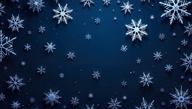 Winter delicate snowflakes falling on dark blue background for seasonal design
