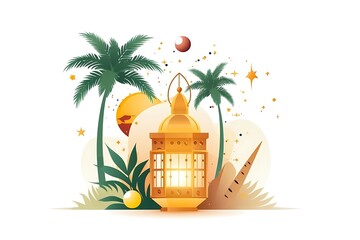 Islamic Eid cute lantern ‍and fruit. Seasoning ‍and crescent moon and vector Illustration White background.
