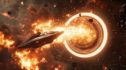 Futuristic spaceship orbiting a fiery star in a cosmic setting