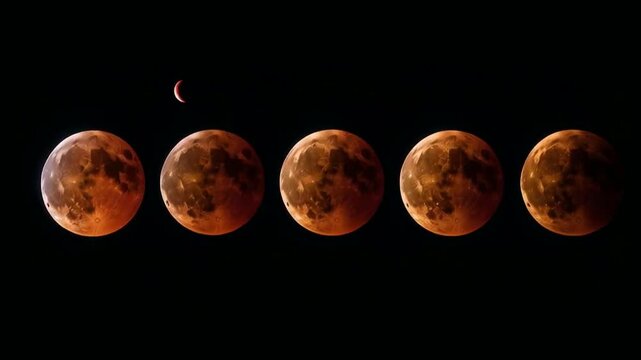 Sequence of lunar phases showcasing a blood moon eclipse.