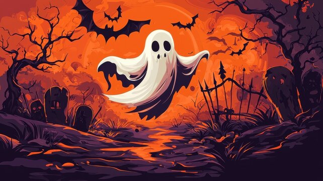 Spooky ghost soaring through an eerie, haunted landscape during Halloween night.