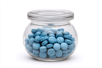 Blue pills in a glass jar, isolated on a white background