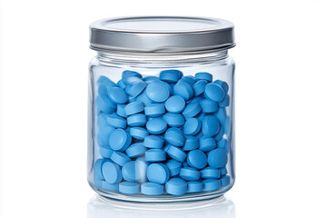 Blue pills in a glass jar, isolated on a white background