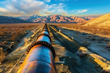 Oil Pipeline Stretching Through Desert Under Clear Blue Sky &ndash; Ideal for Energy Discussions