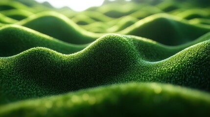 Close-up of a lush green field with soft, rolling hills and a br