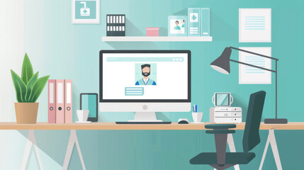 A healthcare professional'ss home office setup with telemedicine tools, an organized desk, and video conferencing equipment for virtual patient consultations.