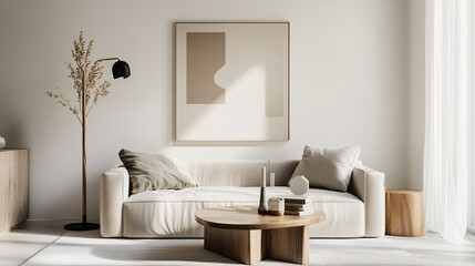 Cozy minimalist living room with a tall floor lamp casting warm light over a neutral-colored sofa. Simple geometric artwork on the walls and a wooden coffee table complement the minimalist aesthetic
