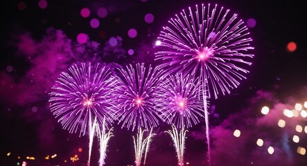Vibrant violet fireworks illuminating the sky with bokeh in a celebratory background