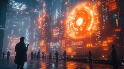 Futuristic scene with people observing a glowing digital display.