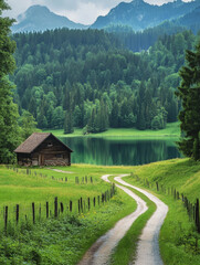 tranquil scene of a wooden cabin nestled in lush green meadows, surrounded by dense forests and mountains. A winding dirt path leads to the cabin, with a calm lake reflecting the landscape